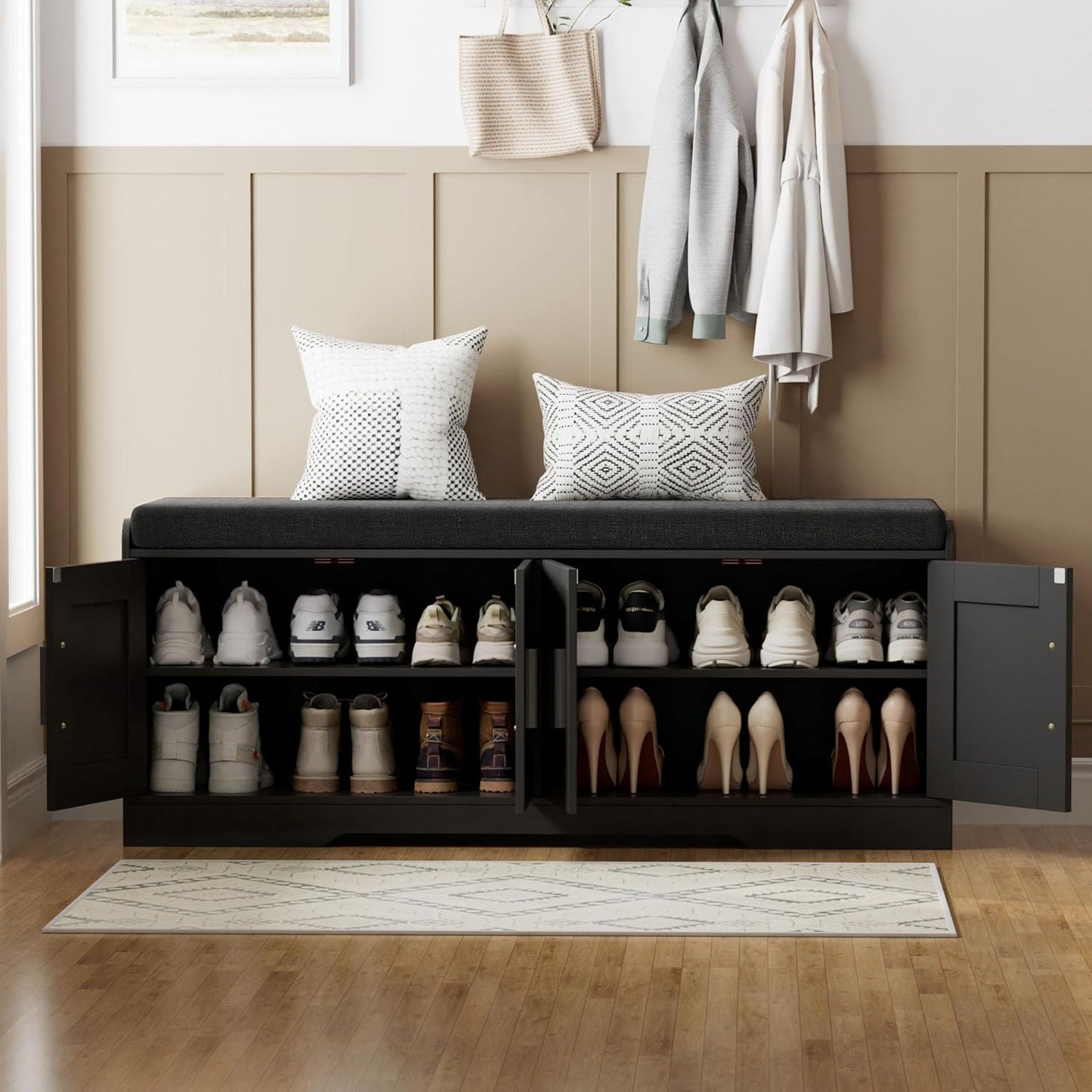 2-Tier Storage Bench, Shoe Bench with Thickened Padded Seat Cushion, Entryway Bench with 4 Doors, Adjustable Shelf, 13.8" D x 45.3" W x 18.5" H, for Entryway, Living Room, Bedroom, Black