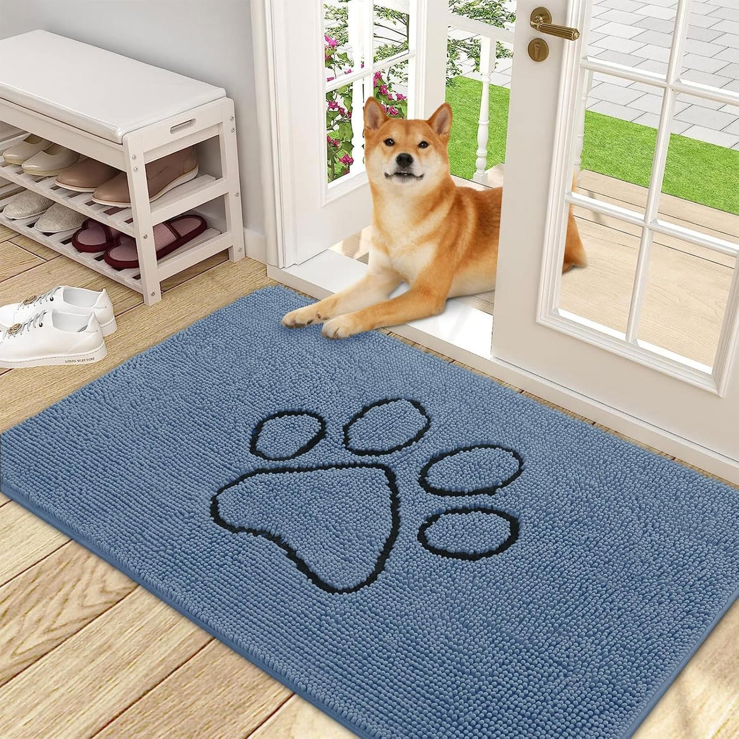 OLANLY Door Mat for Muddy Dog Paws 48x30, Absorbent Chenille Doormat with Paw Print Design, Non-Slip Washable Doormat for Indoor Entryway, Quick-Dry Pet Bed Mats for Dirty Dogs, Airy Blue and Black