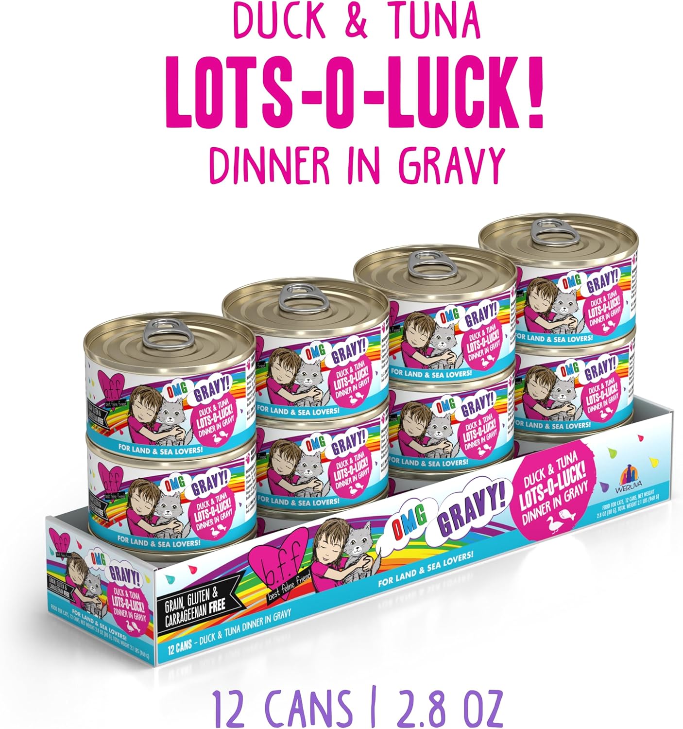 Weruva B.F.F. OMG - Best Feline Friend Oh My Gravy!, Lots-O-Luck! with Duck & Tuna in Gravy Cat Food, 2.8oz Can (Pack of 12)
