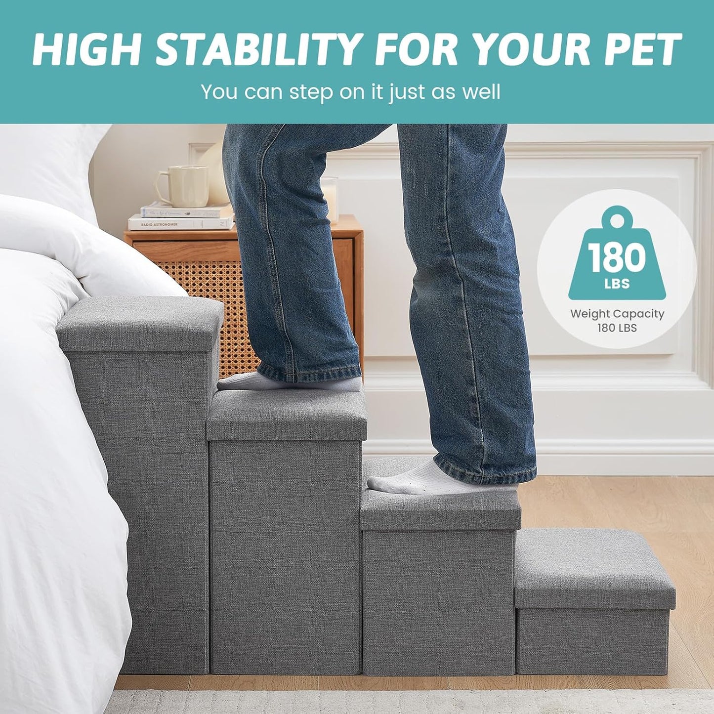 Dog Stairs with Storage, 4-Step Wider Sturdy Dog Steps for Small/Medium/Large Dogs and Older Cats, Folding Doggie Ramp for Bed/Couch/Car Hold Up to 180 lbs (22" H, Grey)