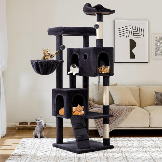 Allewie 64 Inches Cat Tree Tower/Multi-Level Activity Center for Indoor Big Felines/2 Plush Condos/2 Perchs/Basket/House/Sisal Scratching Posts/Hanging Cat Toys/Dark Grey