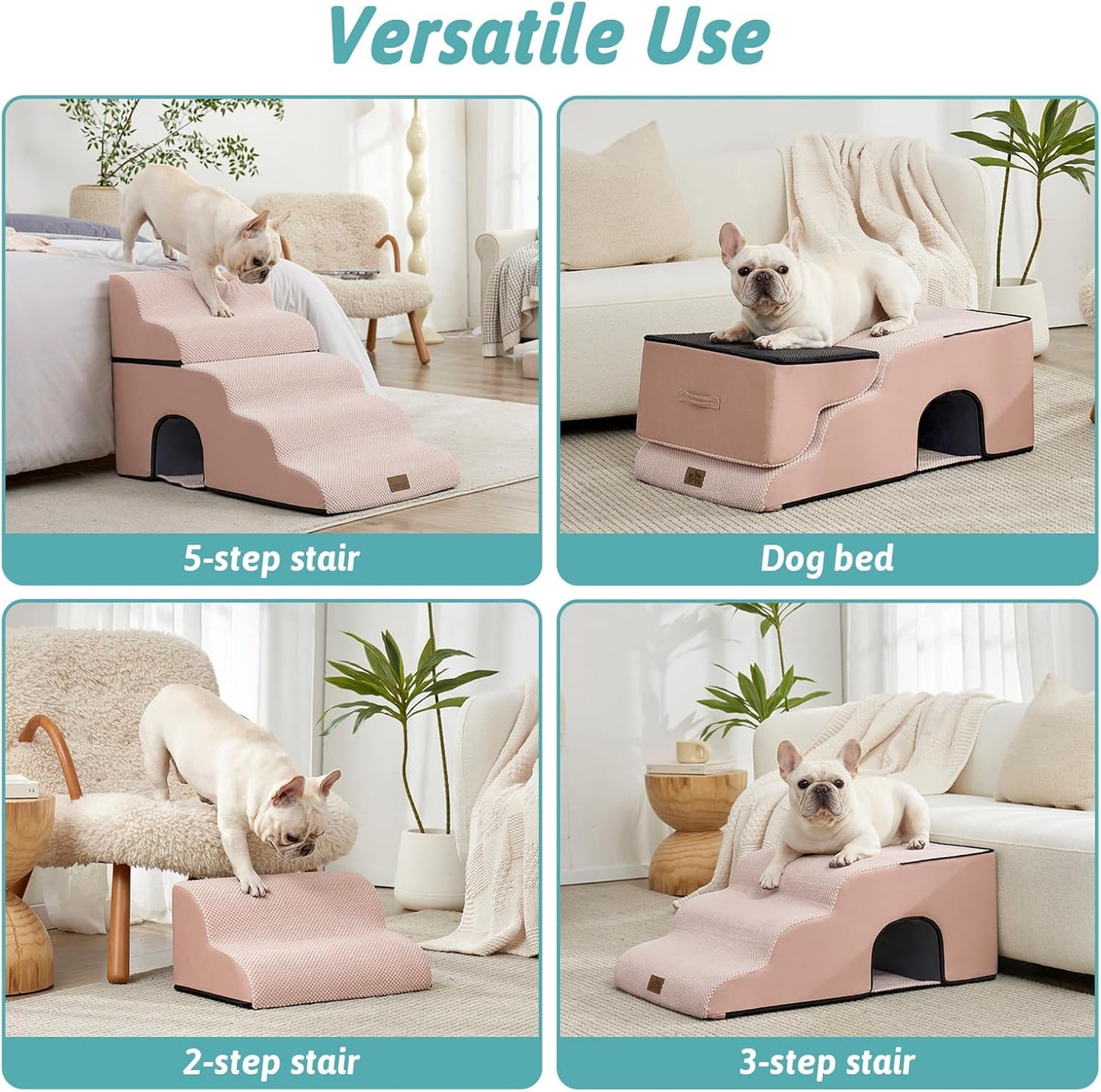 Extra Wide Dog Stairs with Tunnel, Detachable Large Pet Step for Small Medium Dog, Puppy or Cat, Ramp for High Bed, Couch, Sofa or Car, Stable, 19.7x33x22.4 inch, 5 Step, Pink