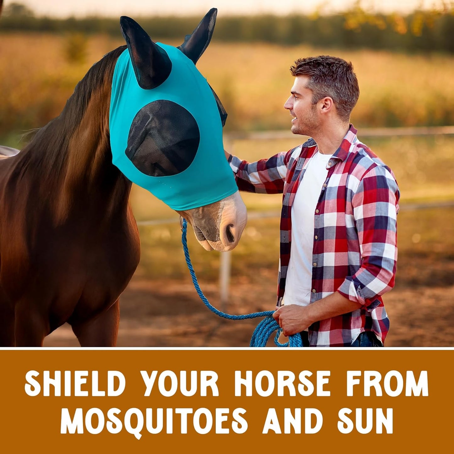 Horse Fly Mask - Arab Equine Fly Mask with Full Coverage for Eye & Ear - Stretchable, UV & Sun Protection Flymask for Horses, Ponies & Mini Horses - Horse Face Cover for Pasture & Trail - Teal