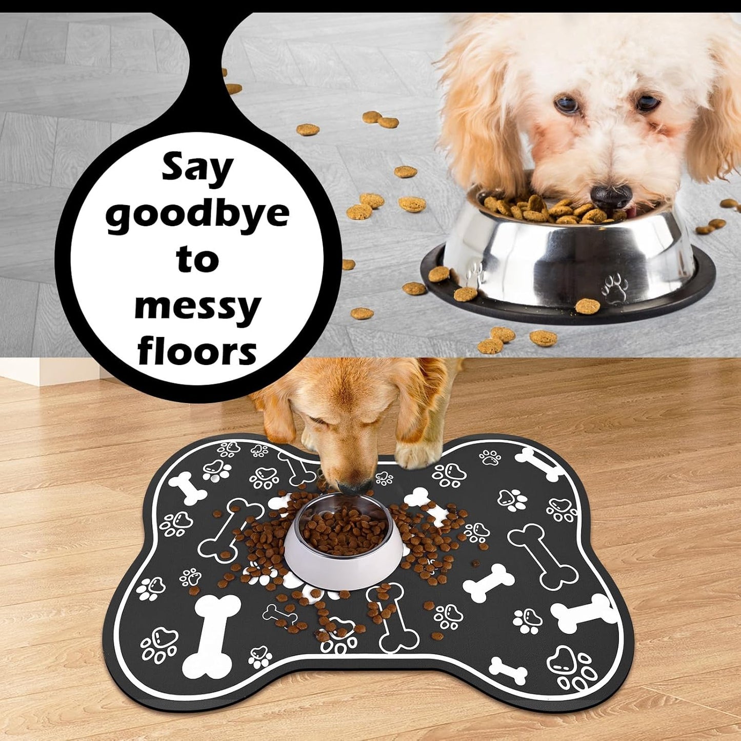 Dog Cat Food Mat,Rapid Absorbent Pet Feeding Mat, Bone Shaped Dog Placemat Water Bowl Mat with Rubber Backing,No Stains Dog Cat Food Mats Indoor, Pet Accessories Supplies 16"×24" Black