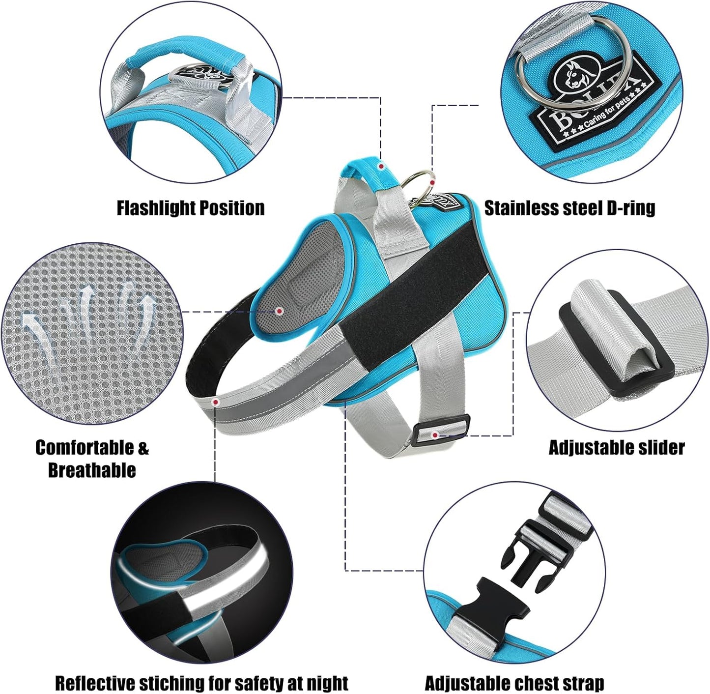 Bolux Dog Harness, No-Pull Reflective Dog Vest, Breathable Adjustable Pet Harness with Handle for Outdoor Walking - No More Pulling, Tugging or Choking (OceanicBlue, Large (Pack of 1))