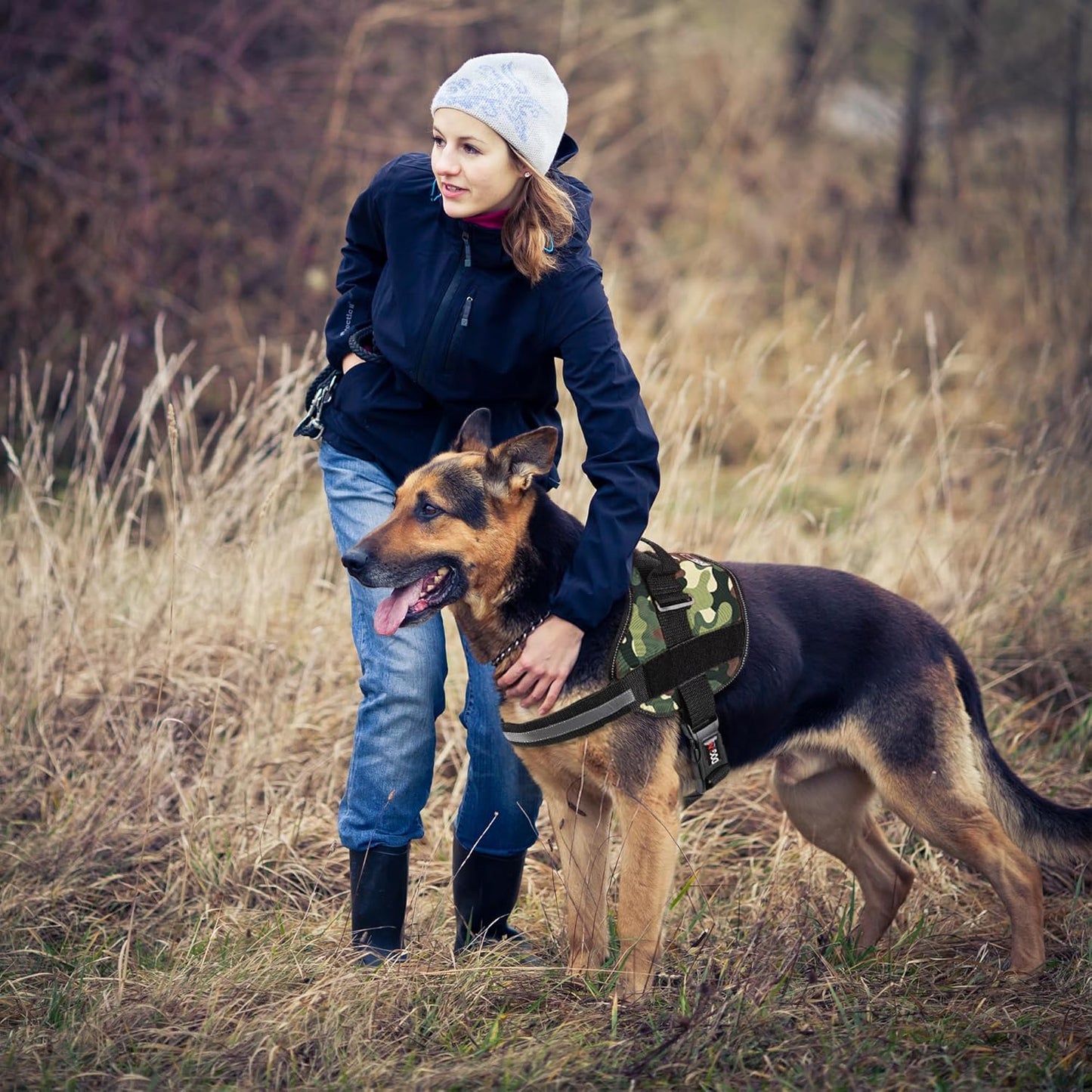 Dogline Dog Harness, Reflective No-Pull Adjustable Vest with Handle for Walking, Training, Breathable, No - Choke Harness for Small, Medium or Large Dogs Room for Patches Girth 22"-28" in Green Camo