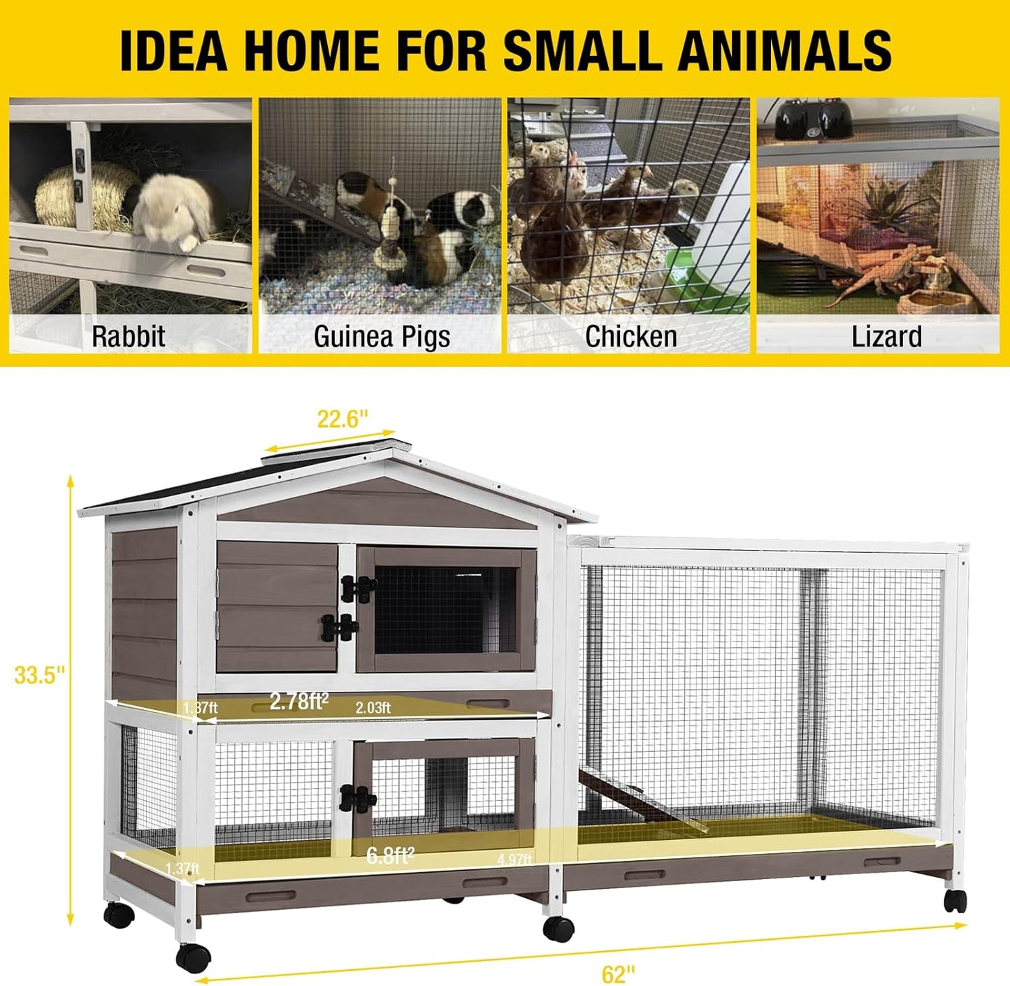 Aivituvin Rabbit Hutch 62" Rabbit Cage Indoor Outdoor Chicken Coop Guinea Pig Cage on Wheels Bunny Cage with 3 Deep No Leakage Pull Out Tray,Waterproof Roof (Brown)