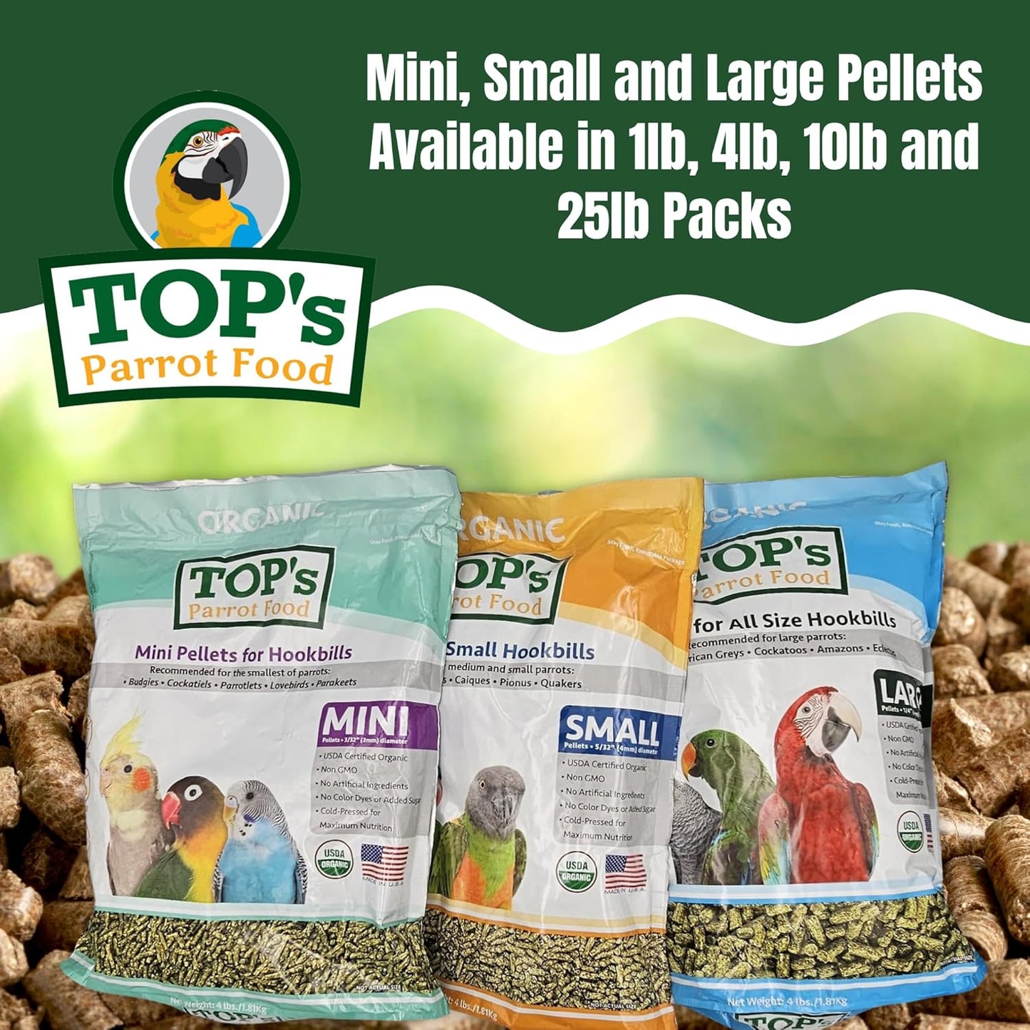 TOP's Parrot Food Pellets Hookbills, Small, Medium, Large Birds - Non-GMO, Peanut Soy & Corn Free, USDA Organic Certified - 1 lb / 453 g