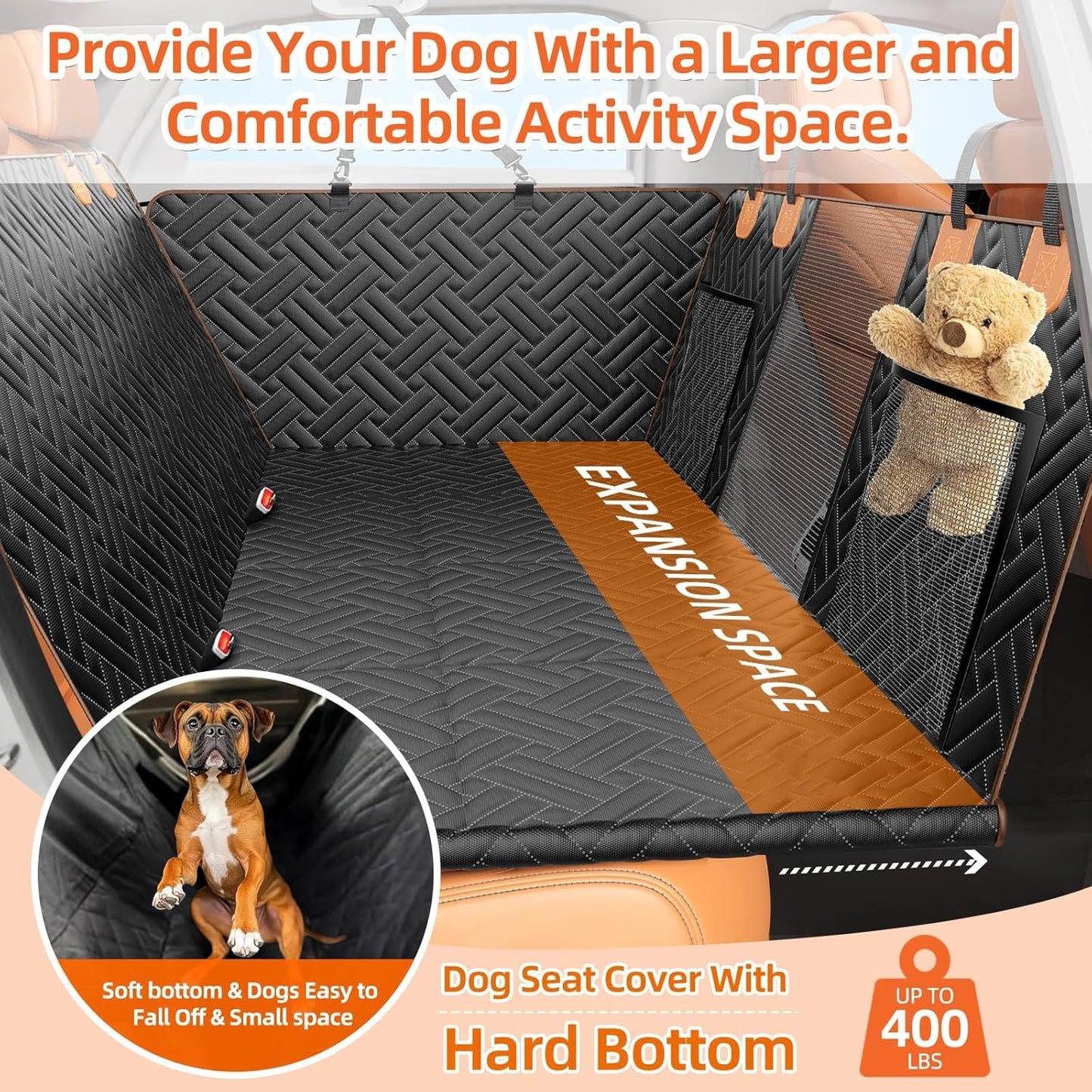 Dog Car Seat Cover for Back Seat,100% Waterproof & Scratchproof Back Seat Pet Cover for Dogs,5MM PP Board Hard Bottom Dog Bed for Car,Supports 400lbs Back Seat Extender for Dogs for Car/SUV