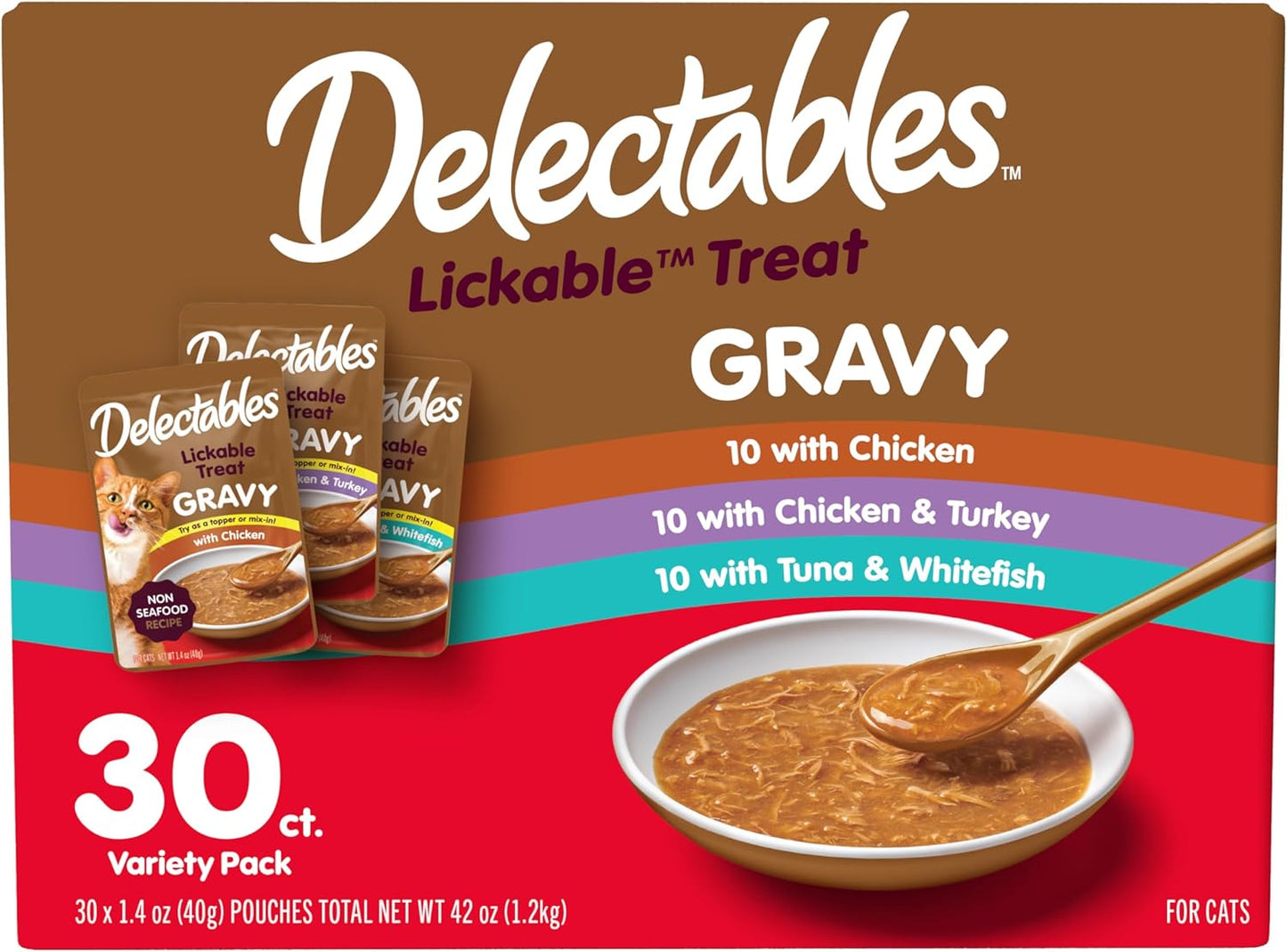 New! Delectables Gravy Lickable Wet Cat Treat & Food Topper, Variety, 30 Pack