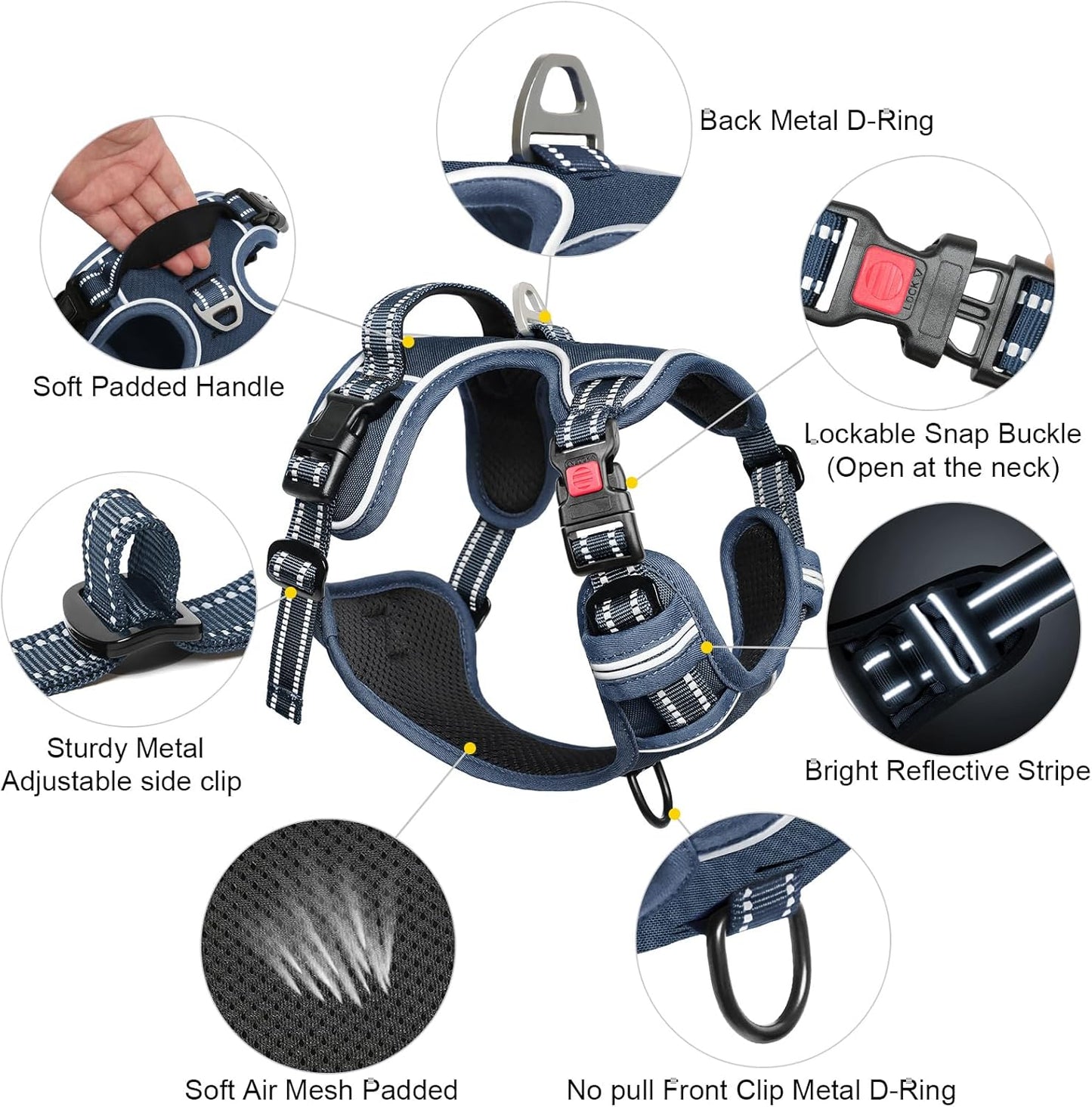 Timos Dog Harness Large Sized, No Pull Pet Harness with Neck Lockable Snap,No Choke Front Clip Dog Reflective Vest,Adjustable Metal Rings 3 Buckles,Easy Control Handle for Large Dogs Royal Blue XL