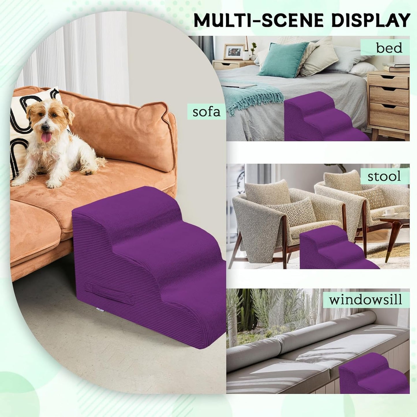 Dog Steps for Small Dogs, 3-Step Dog Ramp and Stairs for High Beds and Sofa, Non-Slip Pet Stairs Removable and Easy to Clean Cover, Purple