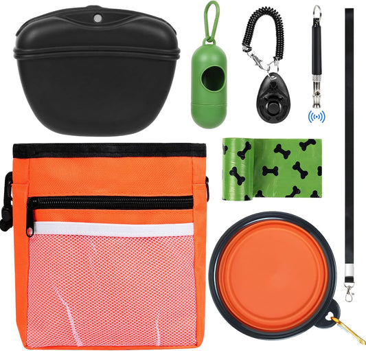 Dog Treat Pouch Pet Training Kit - Silicone Treat Bag Magnetic Closure, Puppy Training Clicker, Dog Whistle, Dog Water Bowls, Poop Bags & Holder, 4 Ways to Wear Walking Fanny Pack - Orange