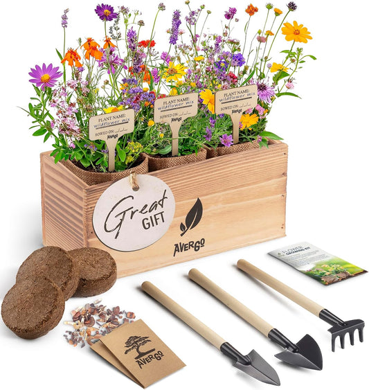 Wildflower Seed Mix Growing Kit - Includes Perennial & Annual Wild Flowers, Burlap Planters, Soil, Wooden Box, and Gardening Tools for Indoor Garden and Patio Planting