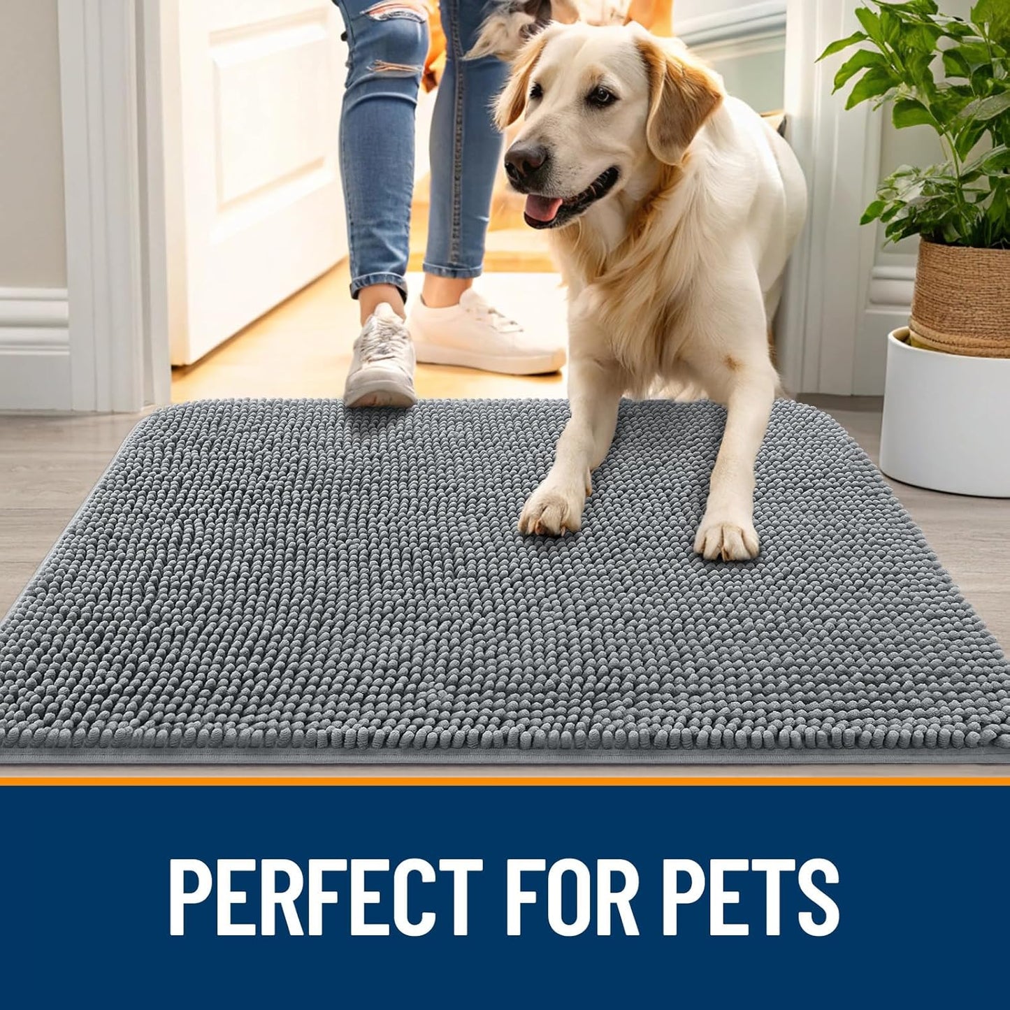 OLANLY Dog Door Mat for Muddy Paws 70x35, Absorbs Moisture and Dirt, Absorbent Non-Slip Washable Doormat, Quick Dry Chenille Mud Mat for Dogs, Entry Indoor Entryway Carpet for Inside Floor, Grey