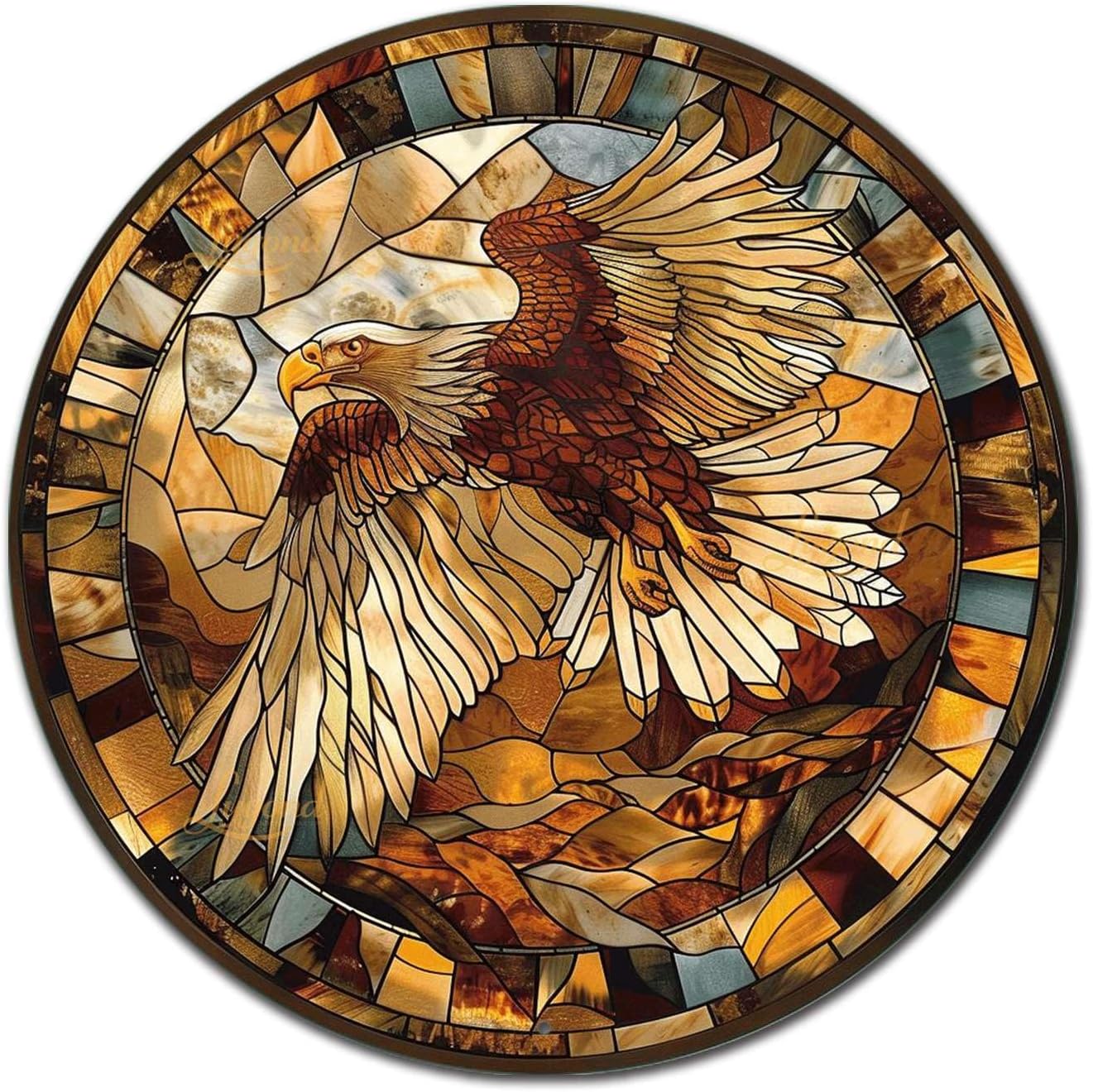Lygond Metal Sign Tin Sign Circular Stained Glass Eagle Funny Gardening Gift For Restaurant 8×8 Inches