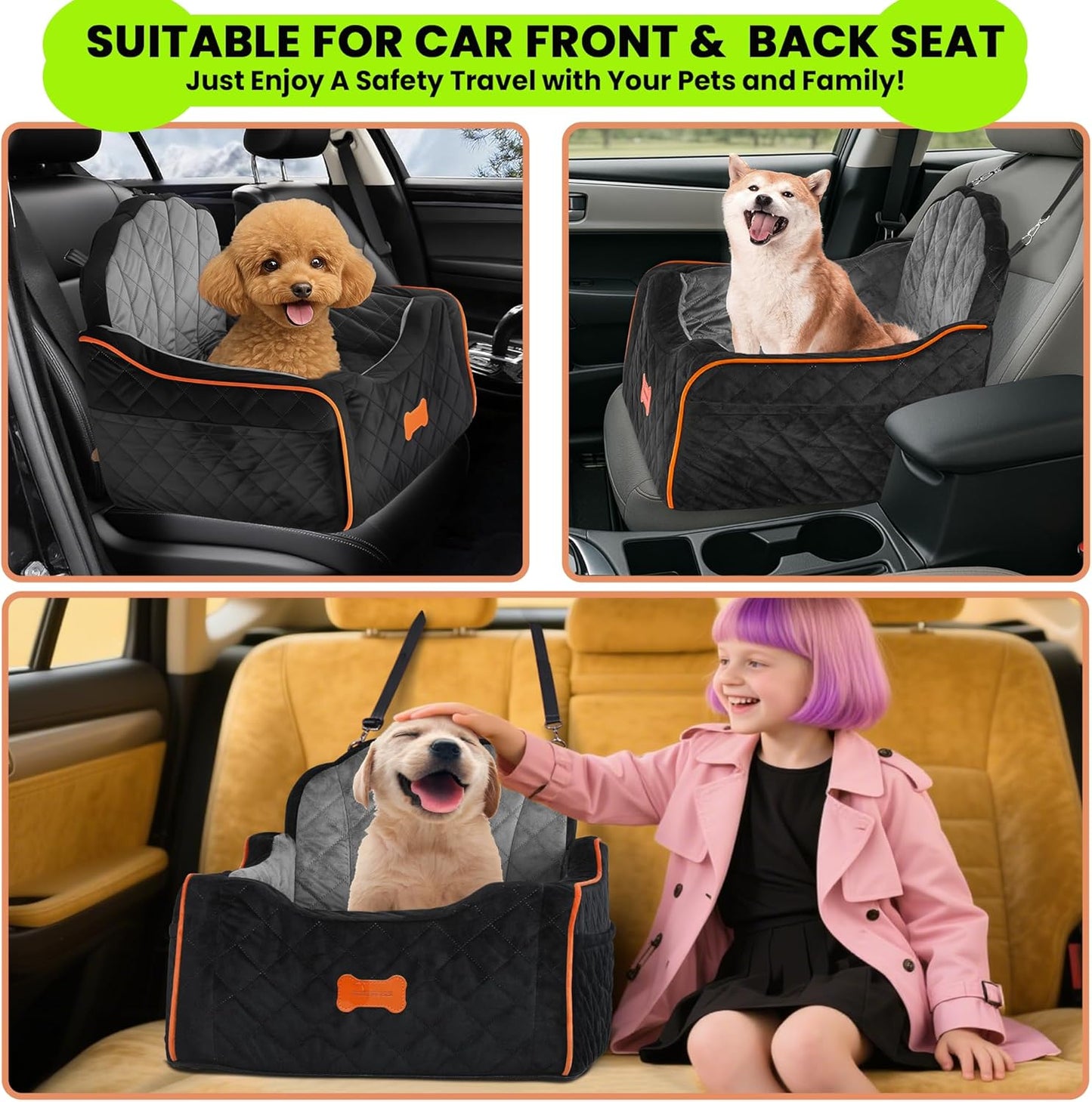 Dog Car Seat for Small Dogs Under 30lbs, Detachable Washable Pet Booster Seat with Safety Belt & Storage Pockets, Travel Car Bed, Black/Grey
