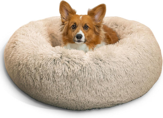Best Friends by Sheri Original Calming Donut Dog and Cat Bed, Shag Faux Fur, Taupe, (30in x 30in) - Anxiety Relief for Pets Up to 45 lbs