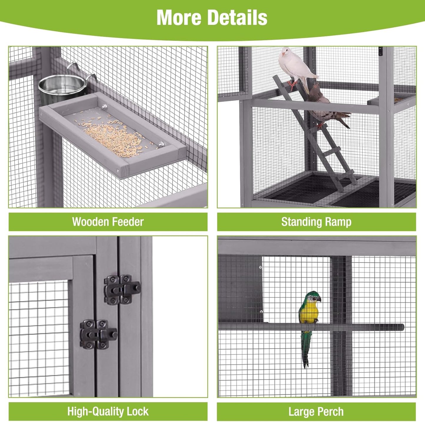 GUTINNEEN Large Bird Cage Outdoor Wooden Aviary Indoor on Wheels, with Play Stand, Perches, Nest Habitat & Wire Mesh Tray for Easy Cleaning