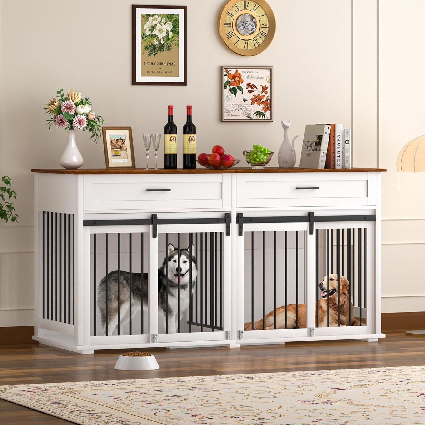 MUPATER 63" L x 23.6" W x 33.3" H Double Wooden Dog Cage Table with 2 Large Drawers & Safety Locks, Large Dog Crate Furniture for 2 Dogs with Removable Divider, Decorative Indoor Dog Kennel Furniture