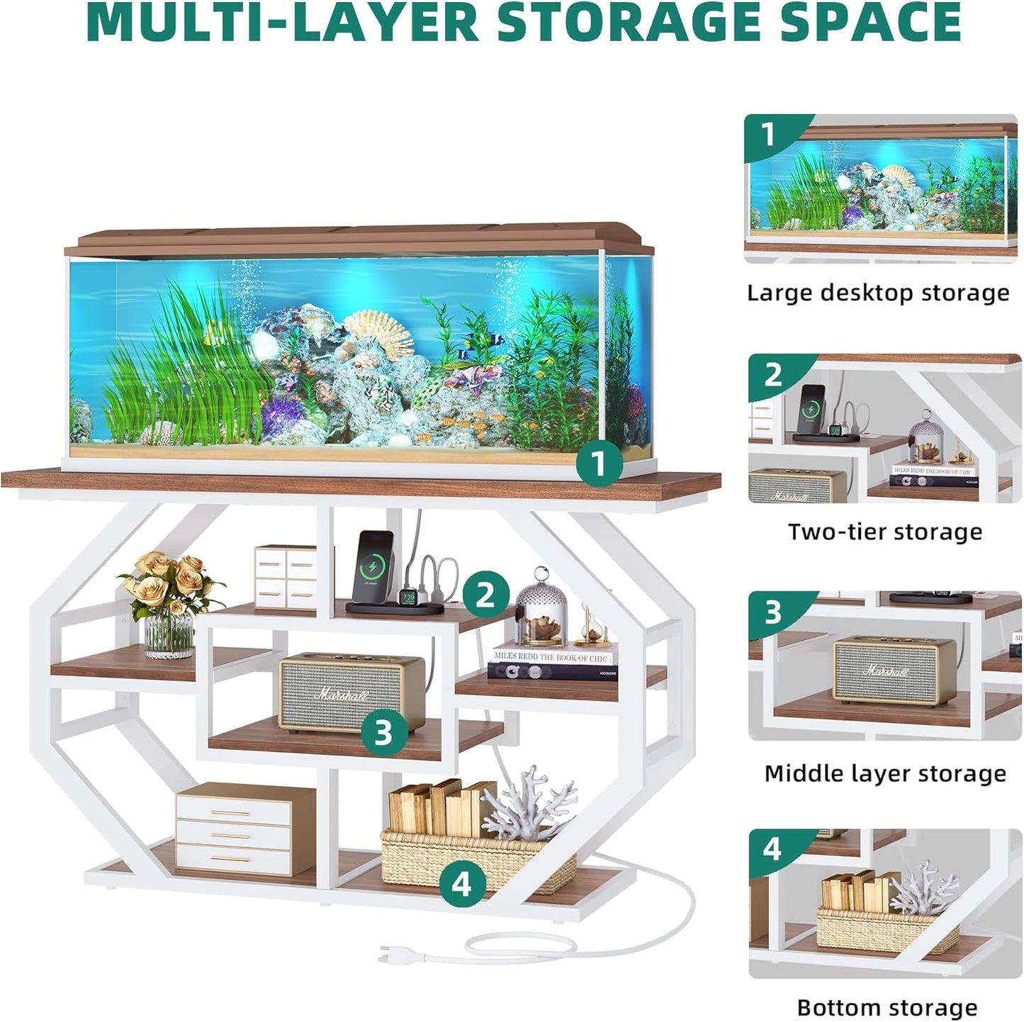 YITAHOME Heavy Duty 55-75 Gallon Fish Tank Stand with Power Outlet, Marble Aquarium Stand for Fish, Turtle, Reptile Terrarium, Shelves for Fish Tank Accessories Storage, 860LBS Capacity, White & Walnut
