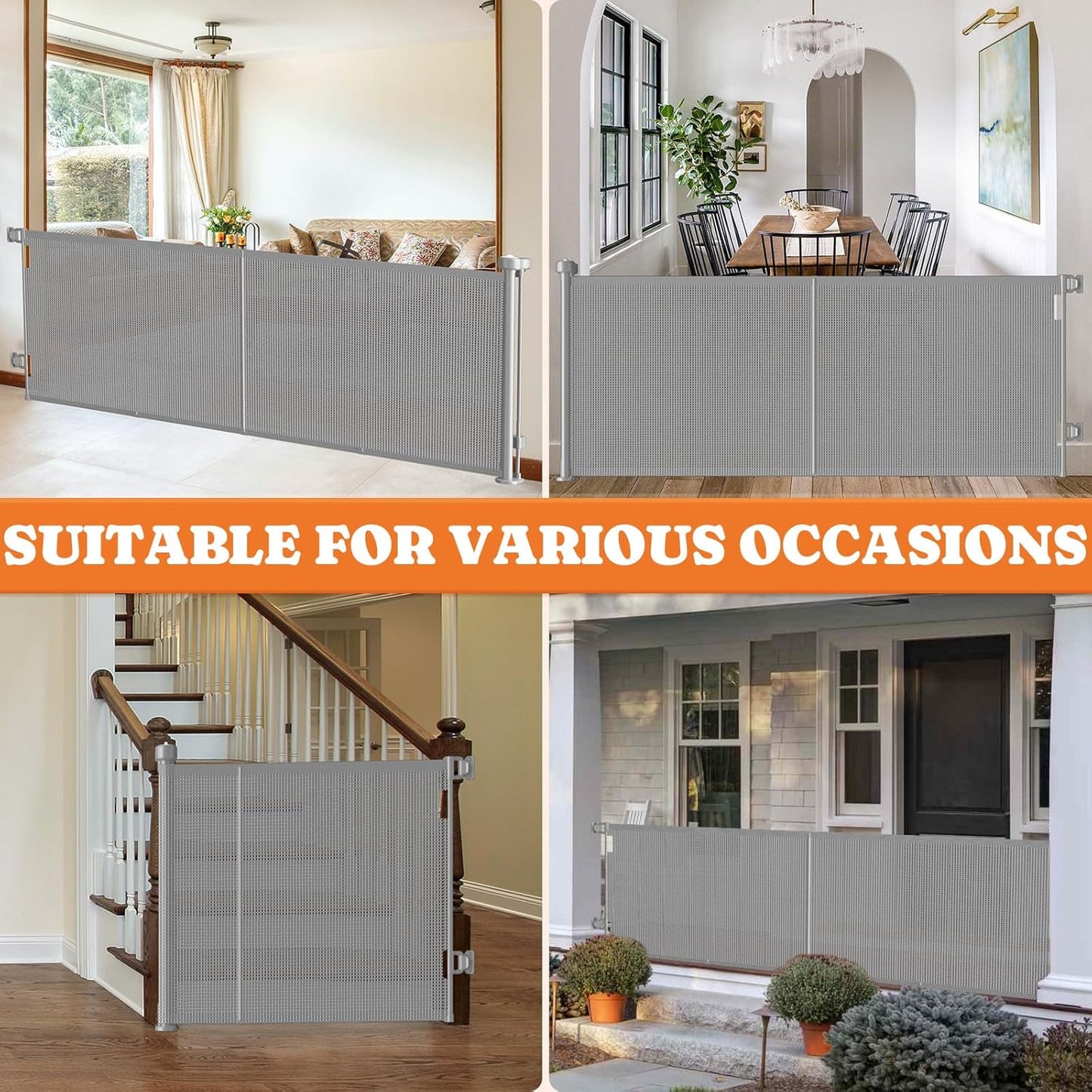 Upgrade Retractable Baby Gates, 35" Tall Extends up to 60" Wide, Mesh Dog Gate Indoor for Stairs, Outdoor Reinforced Pet Gate with Support Rods for Doorways Hallways Kitchen Bedroom, Grey