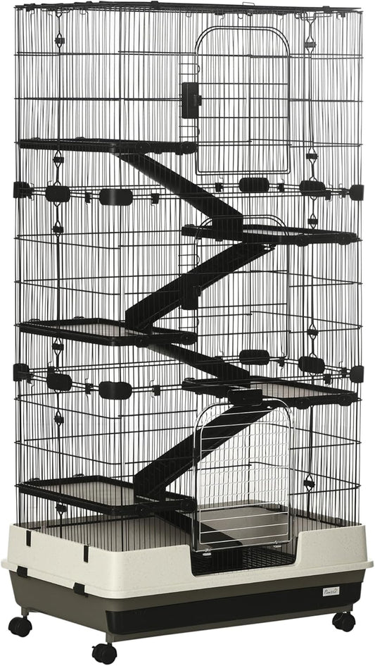 PawHut 59.5" Small Animal Cage with Wheels, 6-Level Portable Bunny Cage, Chinchilla Ferret Cage with Removable Tray, Platform and Ramp