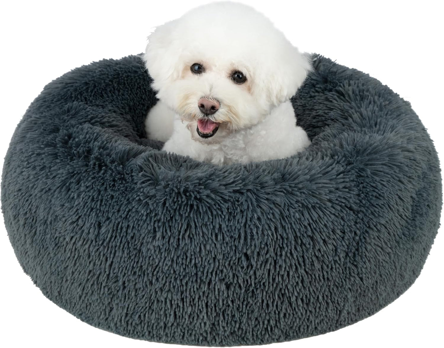Best Pet Supplies Round Donut Dog Bed with Plush Faux Fur Fabric, Calming, Anti-Anxiety Cushion for Indoor Pets, Slip-Resistant Base, Soft Ergonomic Support - Gray, 27x27x7.5''
