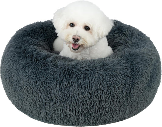 Best Pet Supplies Round Donut Dog Bed with Plush Faux Fur Fabric, Calming, Anti-Anxiety Cushion for Indoor Pets, Slip-Resistant Base, Soft Ergonomic Support - Gray, 24x24x7''