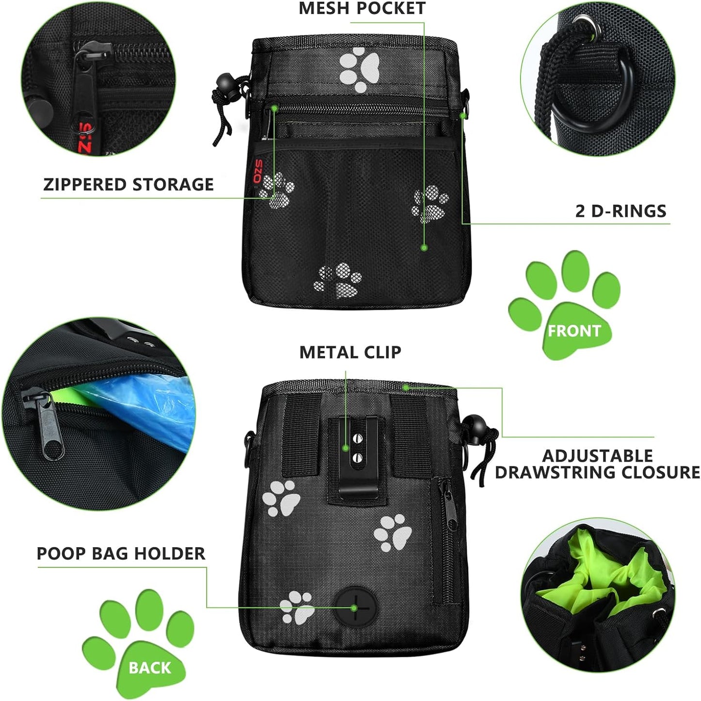 Dog Treat Pouch - 3 Ways to Wear Treat Pouches for Pet Training and 2 Pieces Clicker Taining for Dogs, Dog Training Treat Pouch Bag and Dog Clicker for Training with Waist Belt Shoulder Strap - Paws