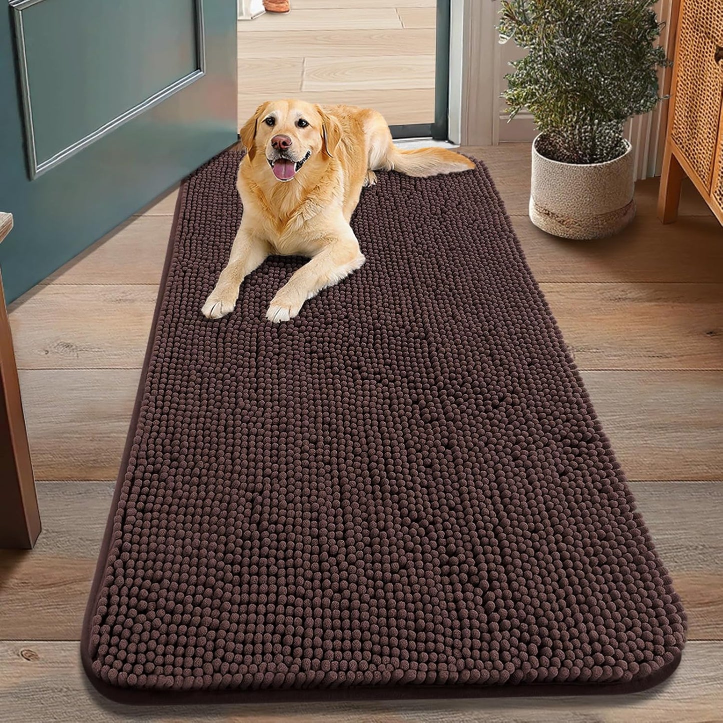 Smiry Dog Door Mat for Muddy Paws 48x30, Absorbs Moisture and Dirt Doormat, Non-Slip Washable Quick Dry Chenille Front Door Mat Indoor Entrance, Entryway Carpet for Inside Floor, Brown