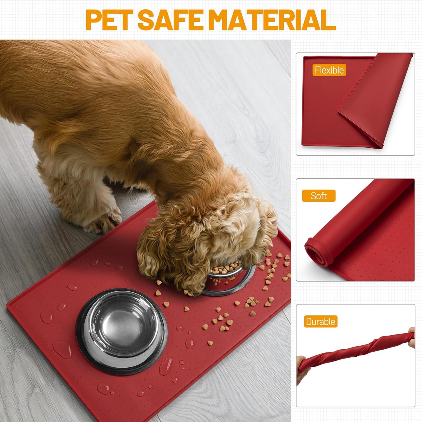 Hubulk Dog Feeding Mat,100% Waterproof Food Grade Silicone Pet Food and Water Bowl Placemat,Dishwasher, High Raised Edge to Prevent Spills,Nonslip Tray to Stop Messes on Floor (32"x24"x1.0", Red)