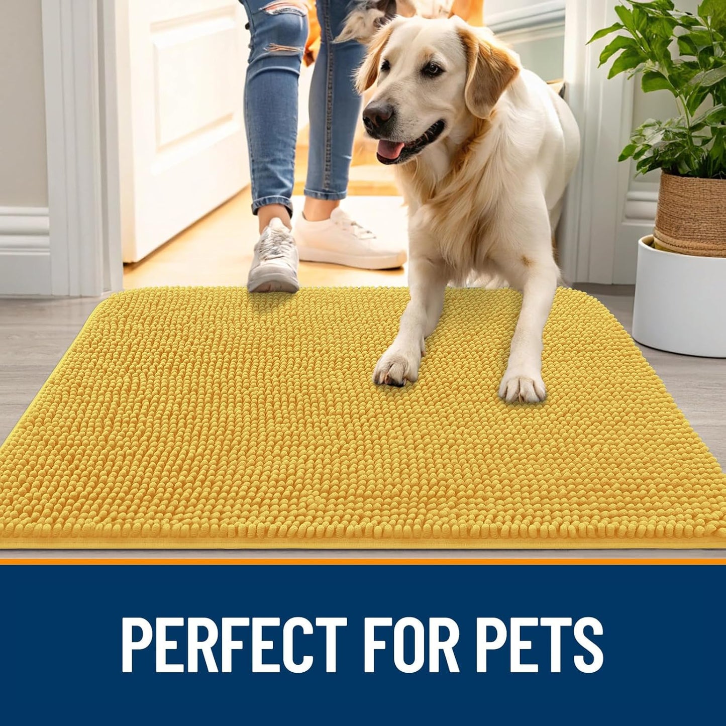 OLANLY Dog Door Mat for Muddy Paws 30x20, Absorbs Moisture and Dirt, Absorbent Non-Slip Washable Doormat, Quick Dry Chenille Mud Mat for Dogs, Entry Indoor Entryway Carpet for Inside Floor, Yellow