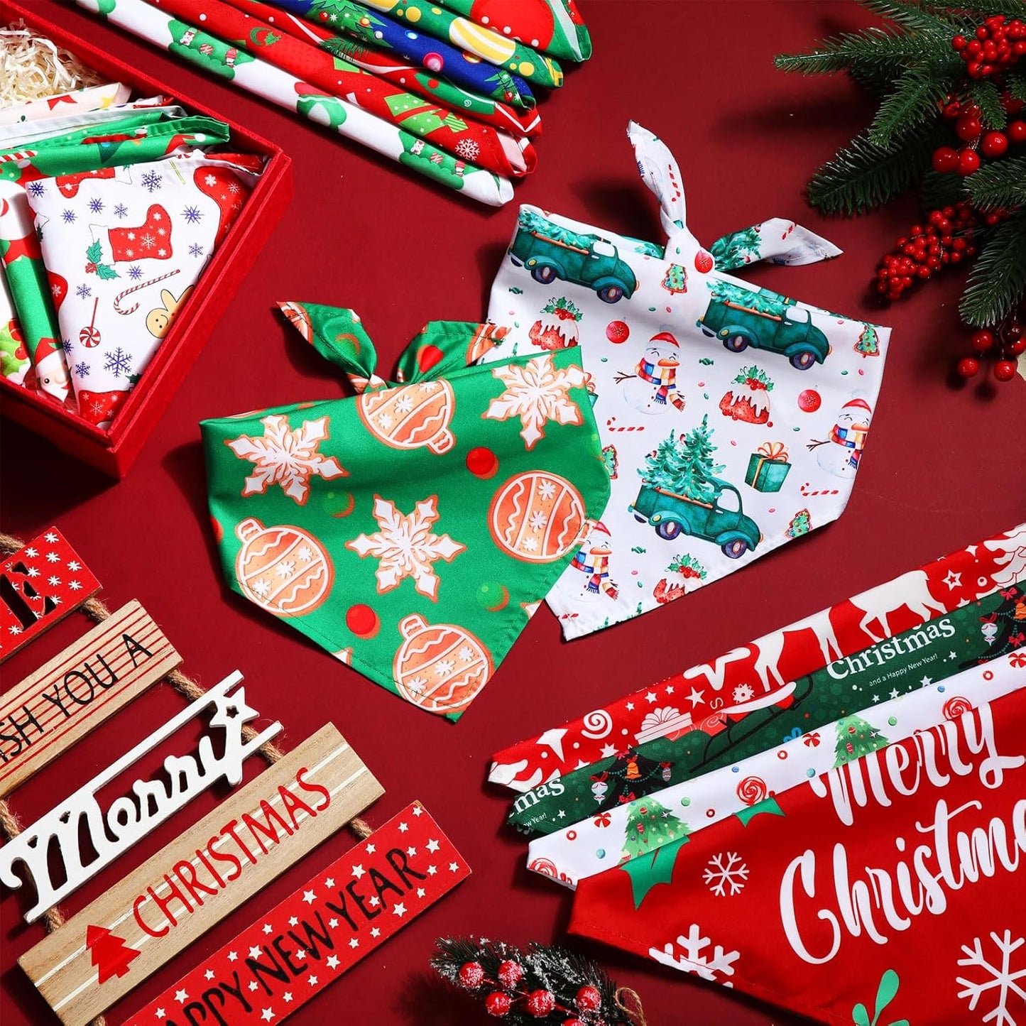 Abbylike 50 Pcs Christmas Dog Bandanas Bulk Xmas Bandanas for Dogs Triangle Kerchief Bibs Scarf Set for Pet Xmas Costume Photo Props Accessories Pet Shops Grooming, 25 Styles (31.5 x 21.7 x 21.7)