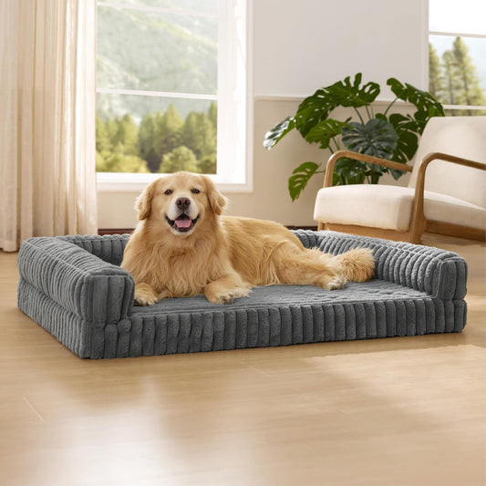 Bedsure Orthopedic Dog Beds for Extra Large Dogs, Waterproof Memory Foam XL Pet Bed with Sides, Non-Slip and Egg-Crate Foam Big Dog Couch Sofa with Washable Removable Corduroy Cover, Grey