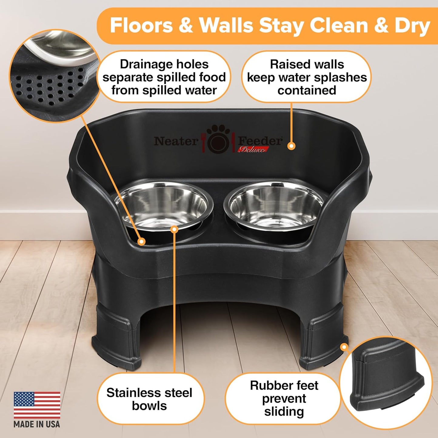 Neater Feeder Deluxe Mess Proof Dog Bowls Elevated Medium Sized Dogs (19-40 lbs) Made in USA, No Spill Raised Dog Food Bowl Stand w/Leg Extension, Stainless Steel Food and Water Bowl Set, Black