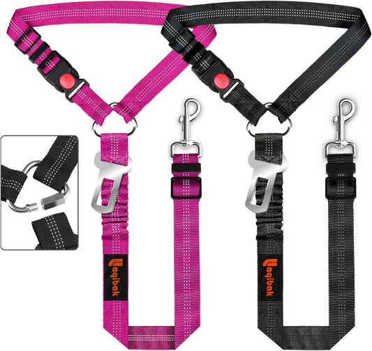 Removable Dog Seat Belt Harness for Car, 3 in 1 Pet Dog Car Seatbelt Leash, Retractable Restraint Secures to Vehicle Headrest & Adjustable Reflective Bungee Dog Seatbelt Tether, Rose and Black
