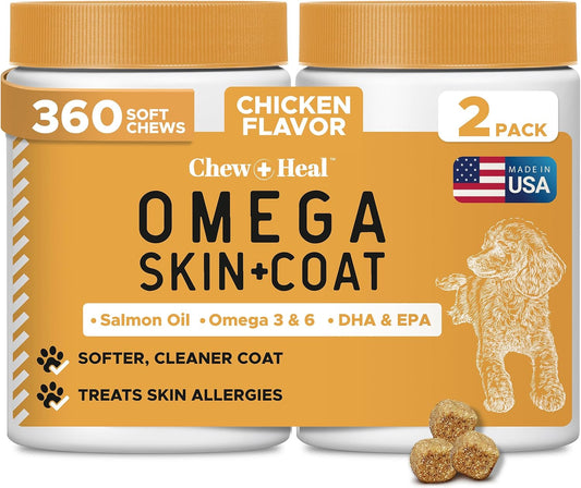 Omega 3 Fish Oil for Dogs -360 Soft Chew Omega Treats for Skin and Coat -Salmon Oil Blend of Essential Fatty Acids, Vitamins, Antioxidants, Minerals -Made in USA (2 Packs of 180, Chicken Flavor)