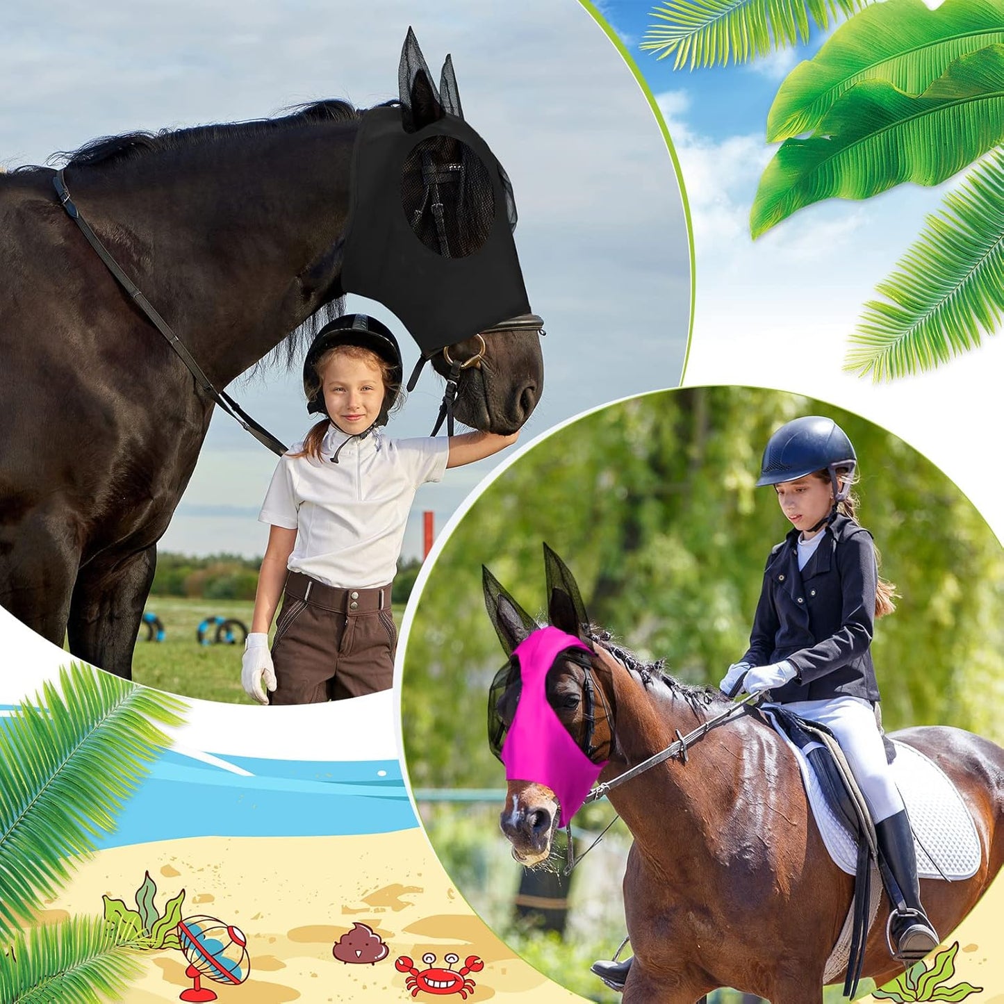Frienda 4 Pcs Horse Fly Masks with Ears Head Fly Masks for Horses Smooth Elastic UV Protection Cover from Summer Insect Pests(Medium,Purple, Blue, Pink, Black)