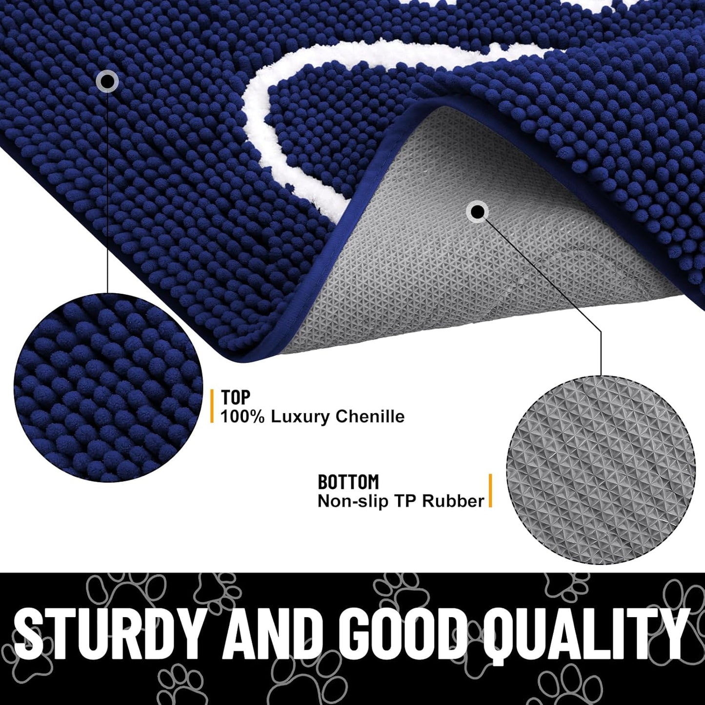 Smiry Dog Door Mat for Muddy Paws, Absorbent Dirt Trapper Non Slip Quick Dry Washable Chenille Mat for Mud Dogs, Entry Rug for Indoor and Outdoor (59x24 Inches, Navy Blue)