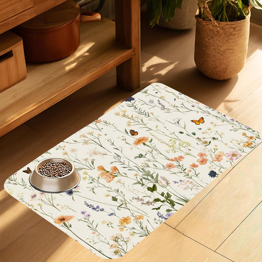 Vintage Wildflowers Herbs Pet Feeding Mat for Floors-Absorbent Dog Bowl Mat for Food and Water, Quick Dry Pet Cat Feeding Mats with Non Slip Bottom, Mess-Free Dog Accessories 16"x24"