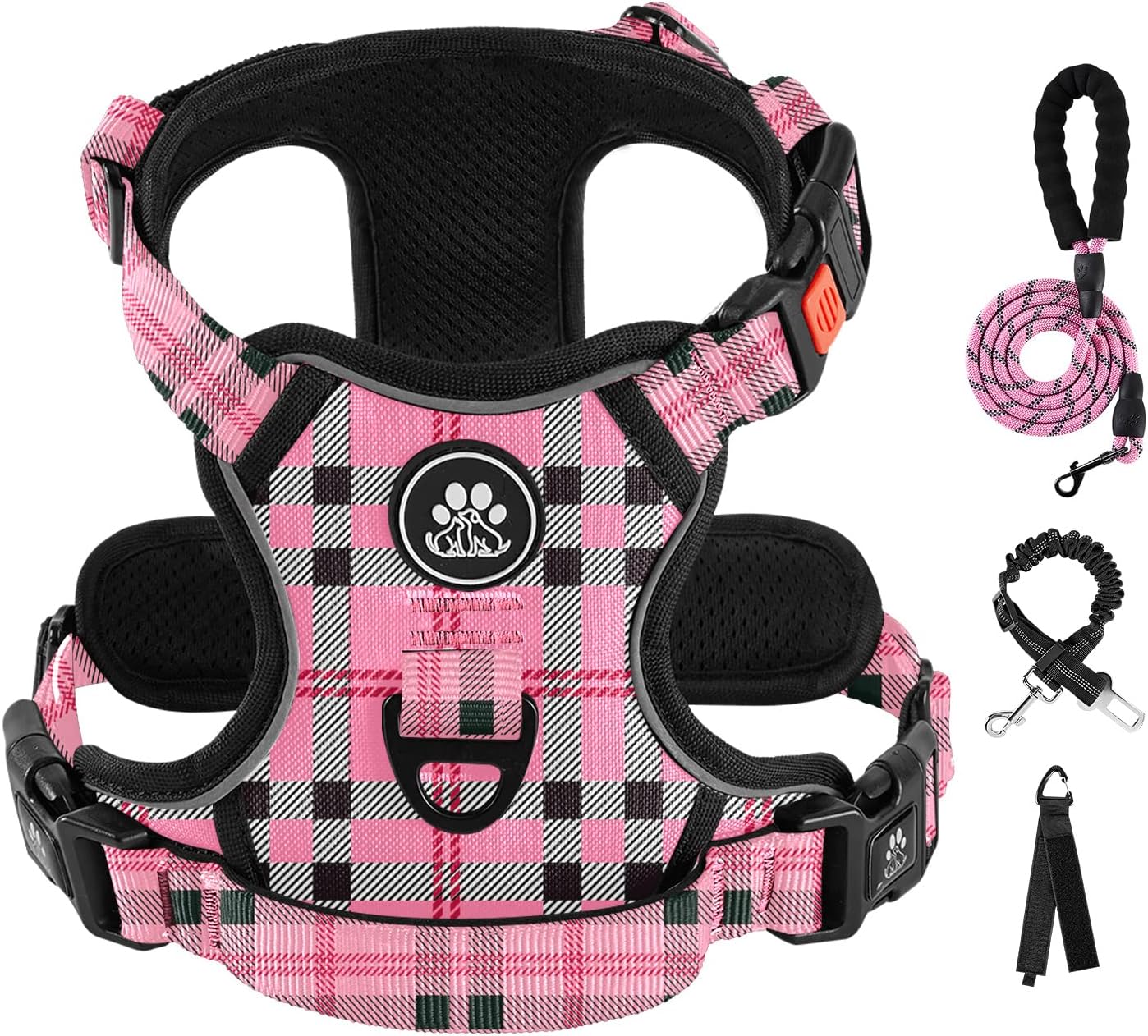 IVY&LANE No Pull Dog Harness with Leash Set, Reflective No Choke Pet Vest,Adjustable Oxford Dog Vest Harness with Easy Control Handle for Large Dogs (Checkered Pink,XL)