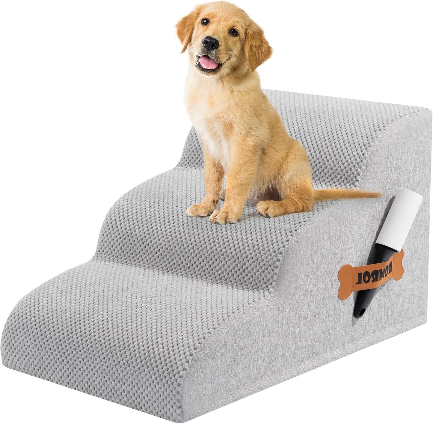Romrol Dog Stairs Ramp for High Beds Couches, High Density Foam Pet Steps with Durable Non-Slip Waterproof Fabric Cover, Dog Stairs for Small Dogs or Cats or Pets, 3-Step,15 Inch,Light-Grey