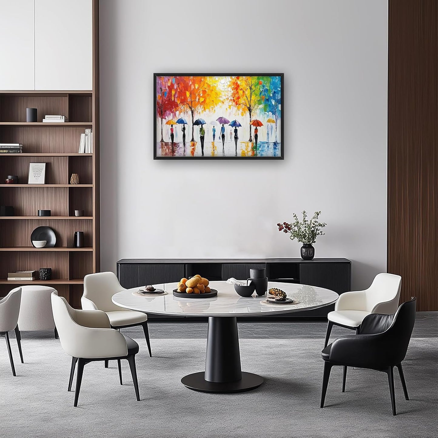 Large Abstract Tree Wall Art for Living Room, Framed Oversized People with Colorful Umbrella Wall Decor Street Canvas Painting Modern Artwork for Living Room Bedroom Office Dining Room 36"x24"