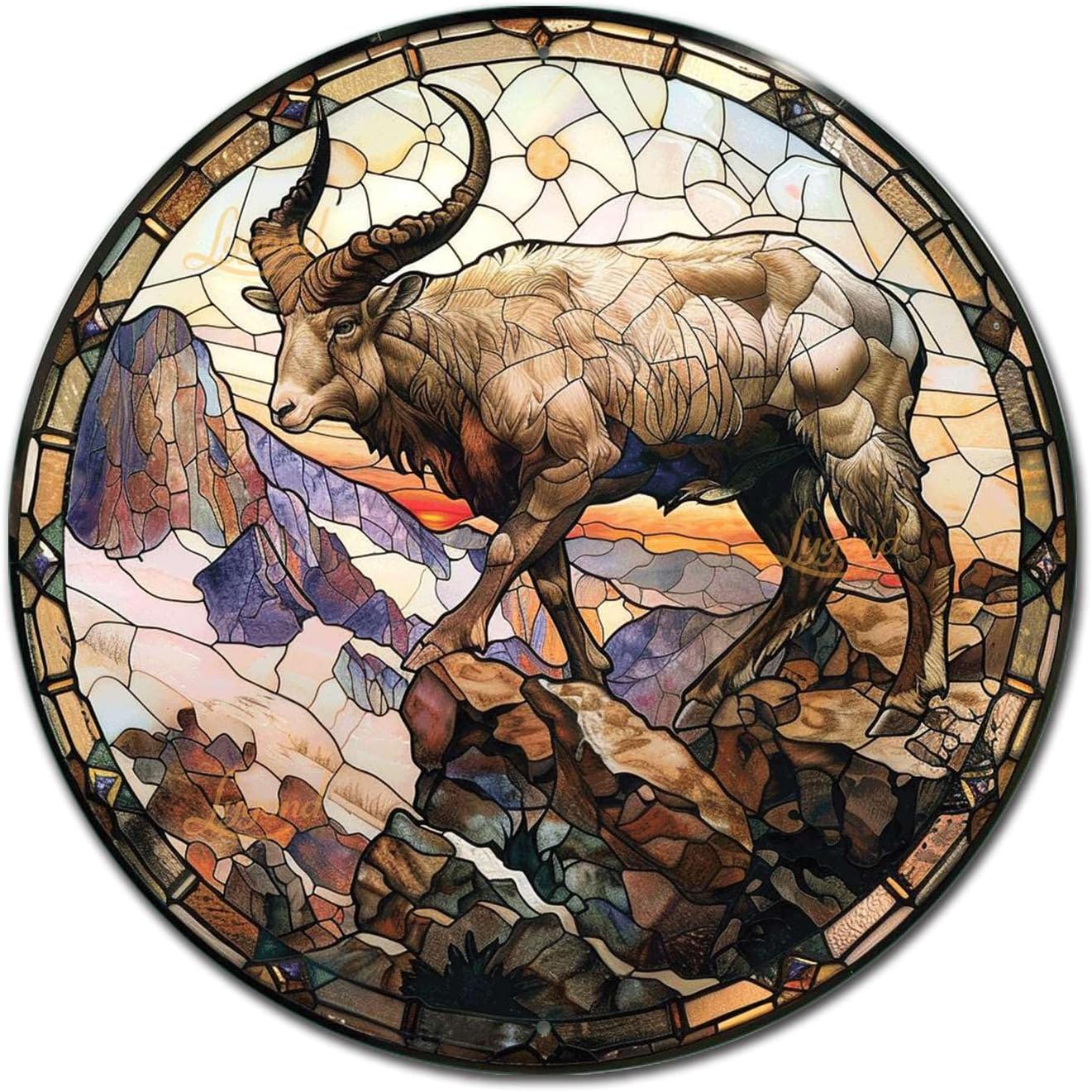 Lygond Metal Sign Tin Sign Circular Stained Glass Mountain Goat Vintage Sign For Club 8×8 Inches