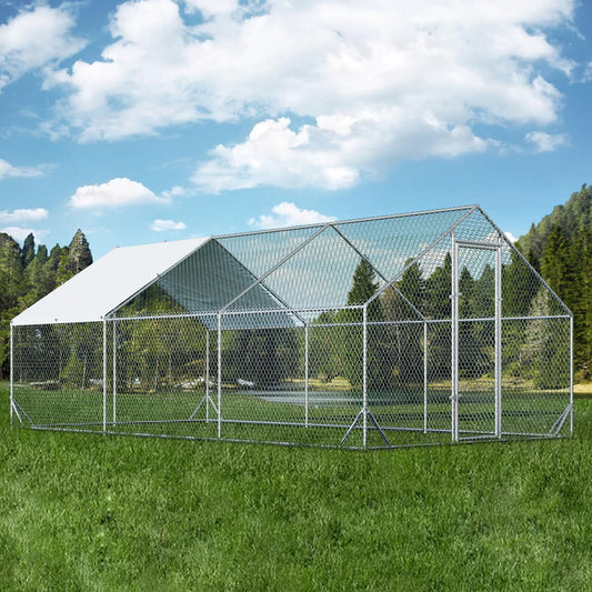 Large Metal Chicken Coop with Run Walk-in Poultry Cage Chicken Runs House Pen Cage Spire Roofed Chicken Coops with Anti-Ultraviolet Cover for Outdoor Yard Farm Use 9.8’L x 19.7’W x 6.4’H