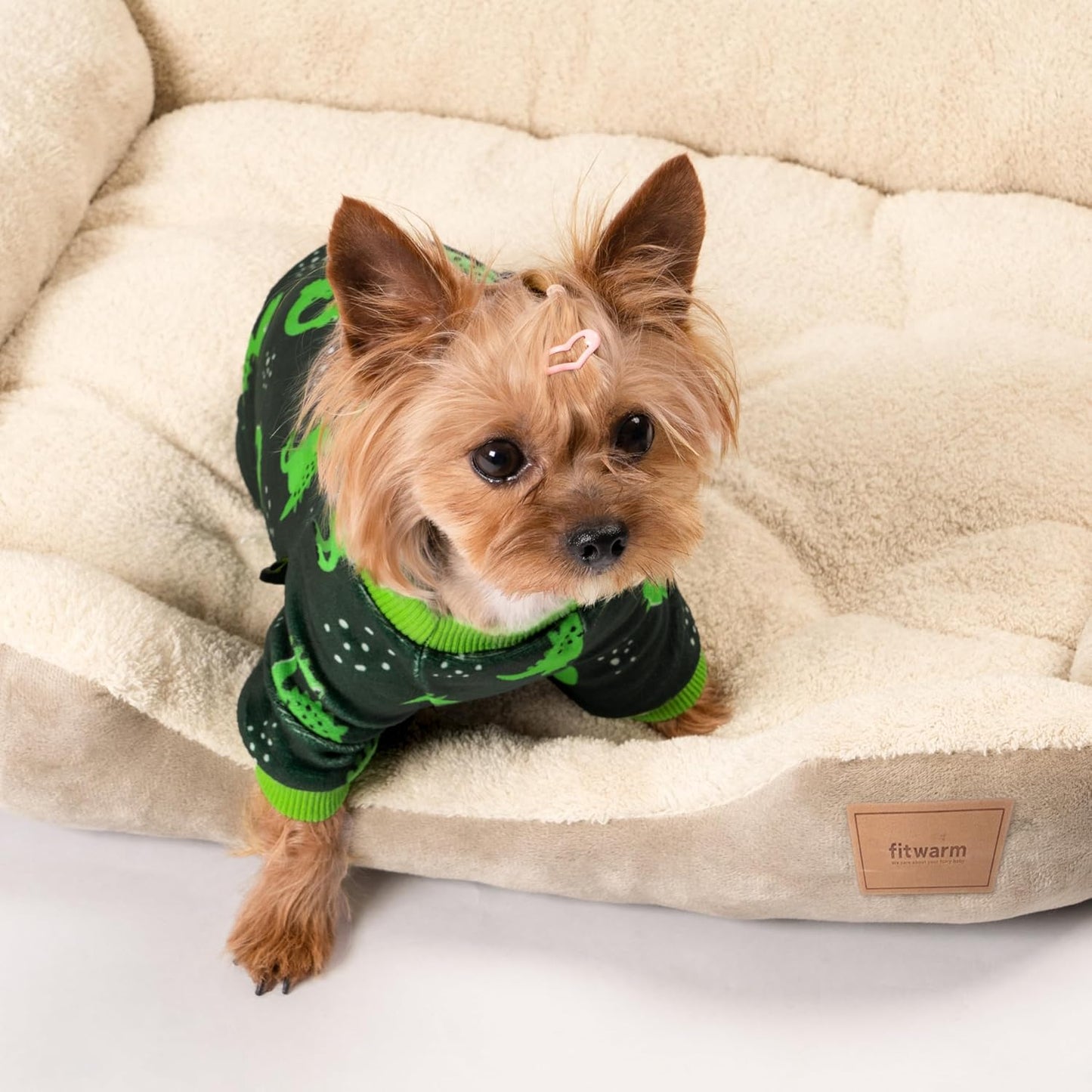 Fitwarm Dinosaur Dog Fleece Pajamas, Warm Clothes for Small Dogs Boy, Cozy Pet Onesie with Feet, Dark Green, Bright Green, XL