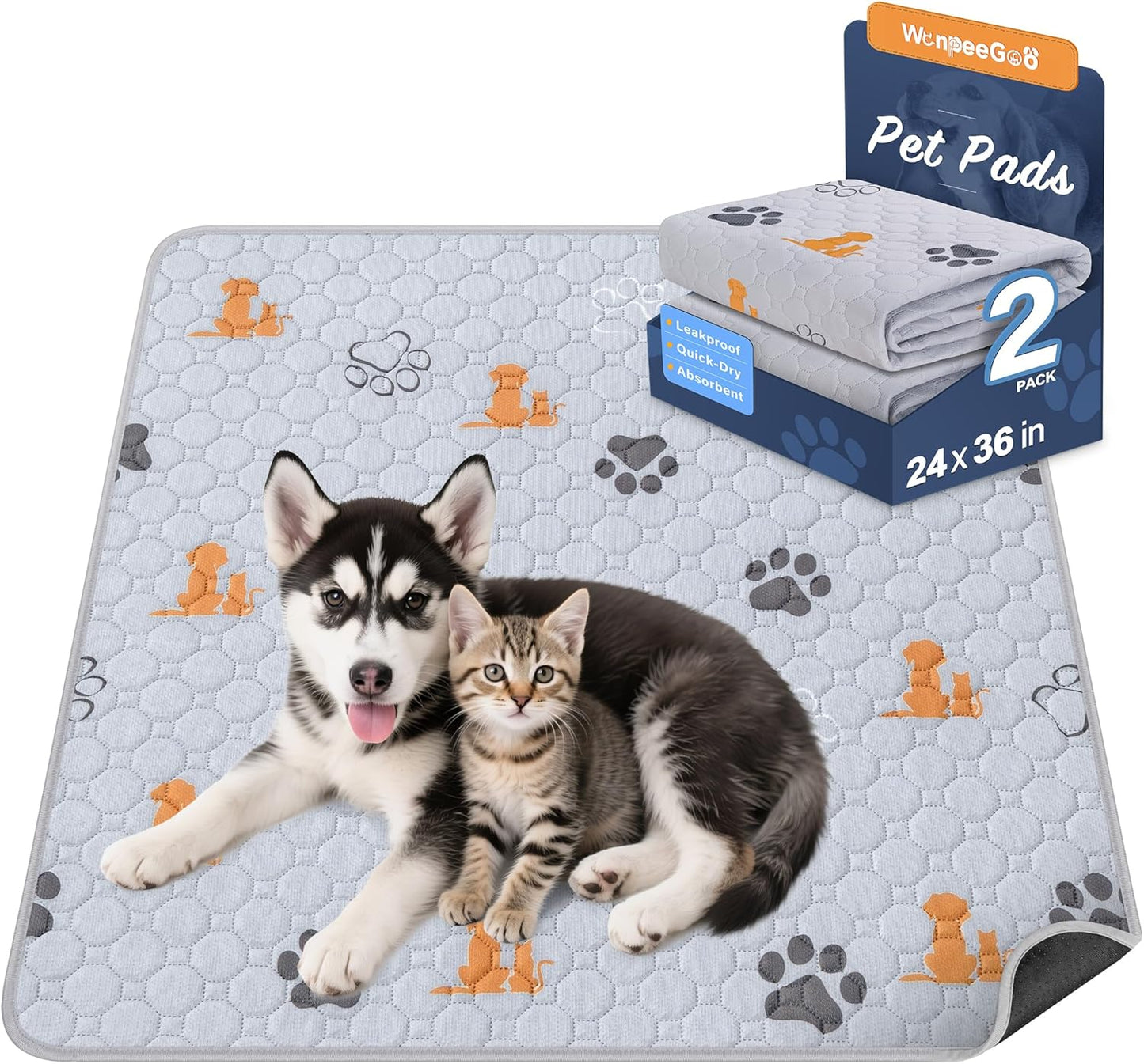 Washable Pee Pads for Dogs, 2 Pack Absorbent Reusable Training Dog Pads Pet Puppy Pads, Non-Slip Potty Pads for Whelping, Playpen, Crate, Bed, Orange, 24"x36"