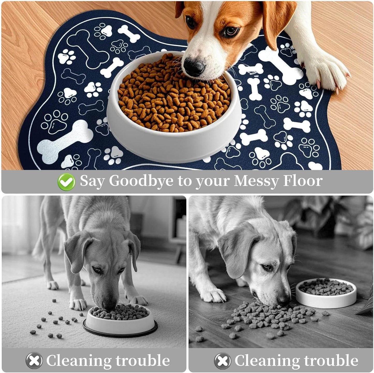 Dog & Cat Food Mat Bone Shaped Pet Feeding Mat Quick Absorb Water Bowl Placemat with Rubber Backing Indoor Floor Stain Resistant Pet Accessory Supplies (Blue, 16x24 Inches)
