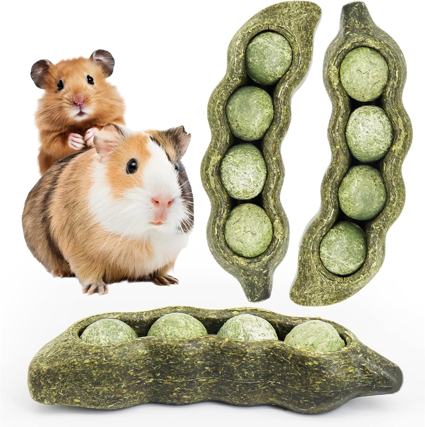 TEEWY 3PCS Guinea Pig Chew Toys, Prevent Teeth Overgrowth, Natural Vegetables and Timothy Grass, Hamster Chew Toys, Guinea Pig Toys, Chinchilla Toys, Peapod-Shaped